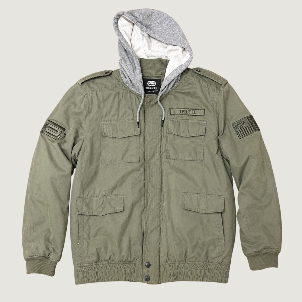 Ecko Unltd Mens XL Military Field Jacket Olive Green Hooded Quilted Liner Coat